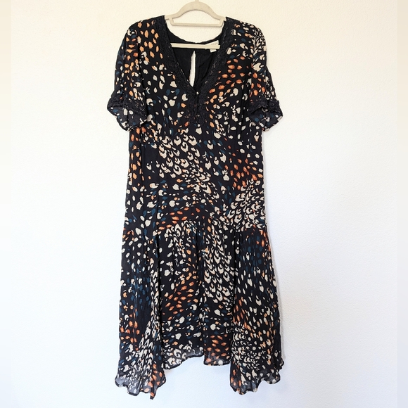 Monsoon Fia Feather Print Hanky Hem Dress Black Size 18 - Picture 4 of 9